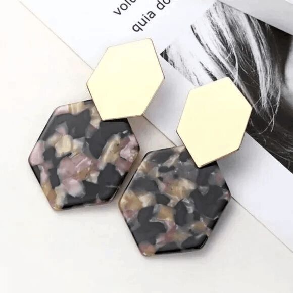 2/$21 Black Hexagon Multi Color Print Earrings - Picture 1 of 3